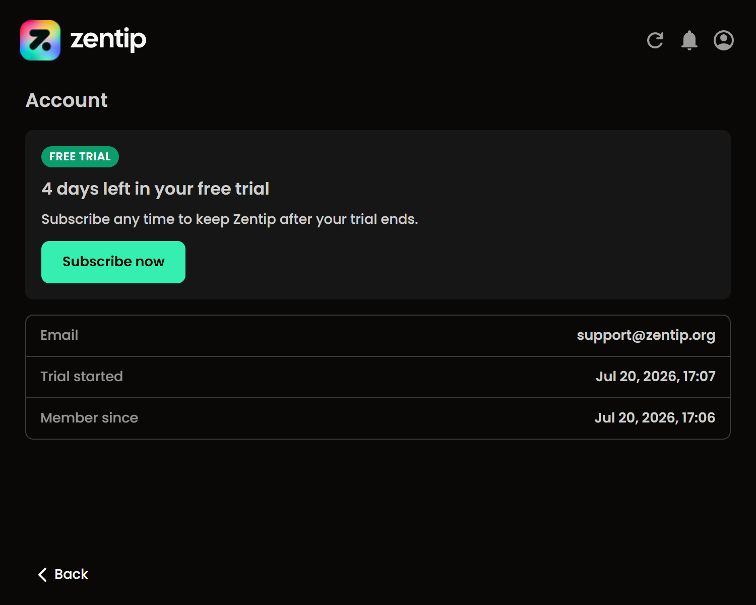 Zentip account screen showing four days remaining in a free trial
