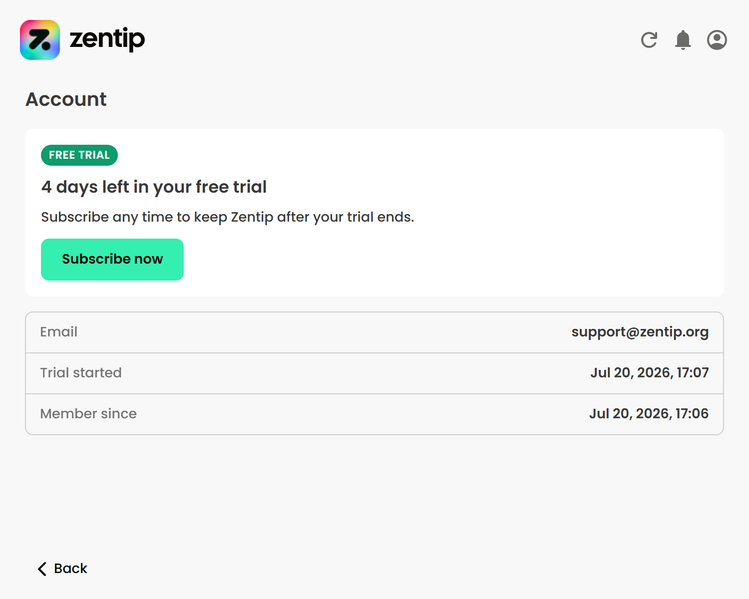 Zentip account screen showing four days remaining in a free trial