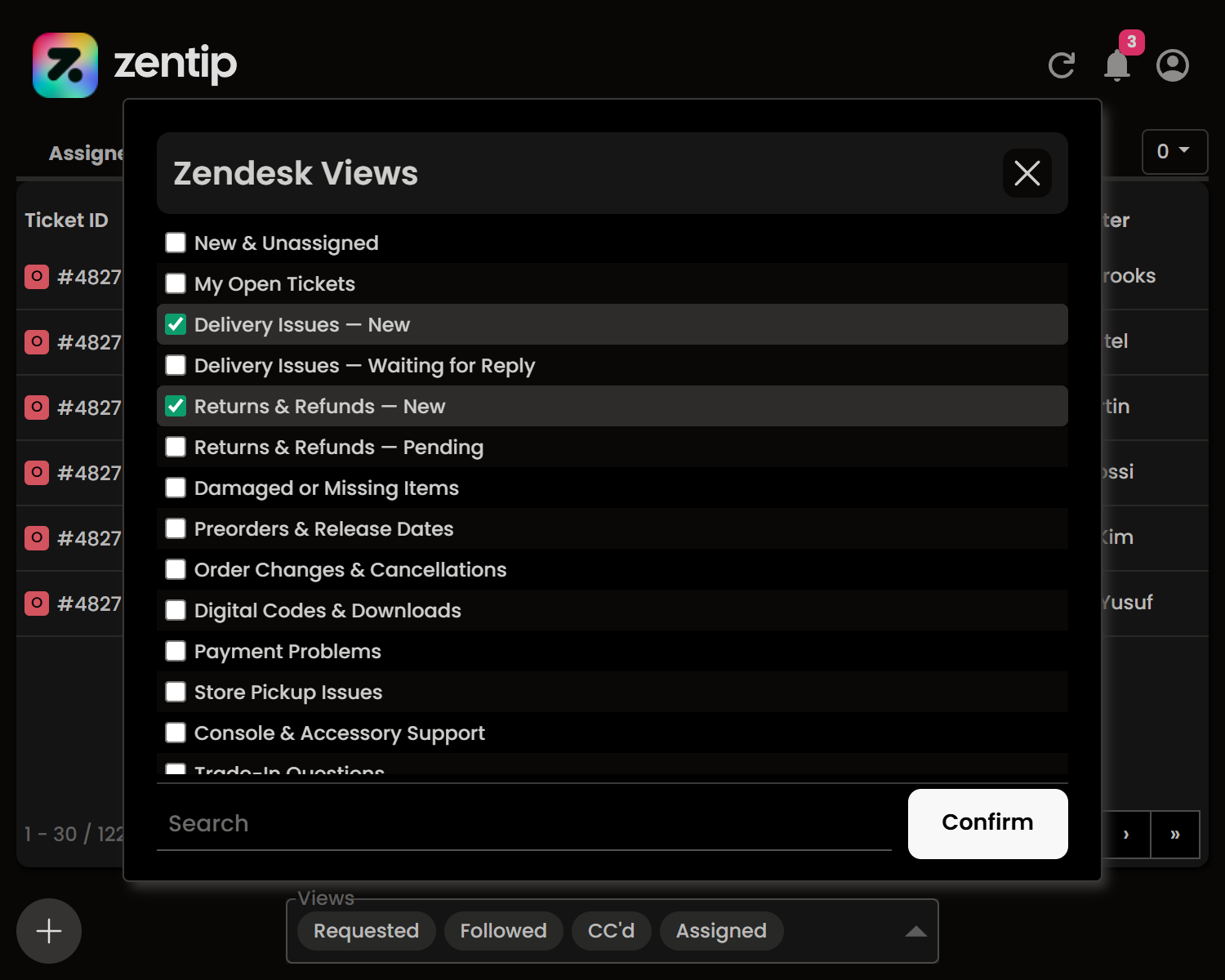 Zentip screen for choosing game-store support views from Zendesk