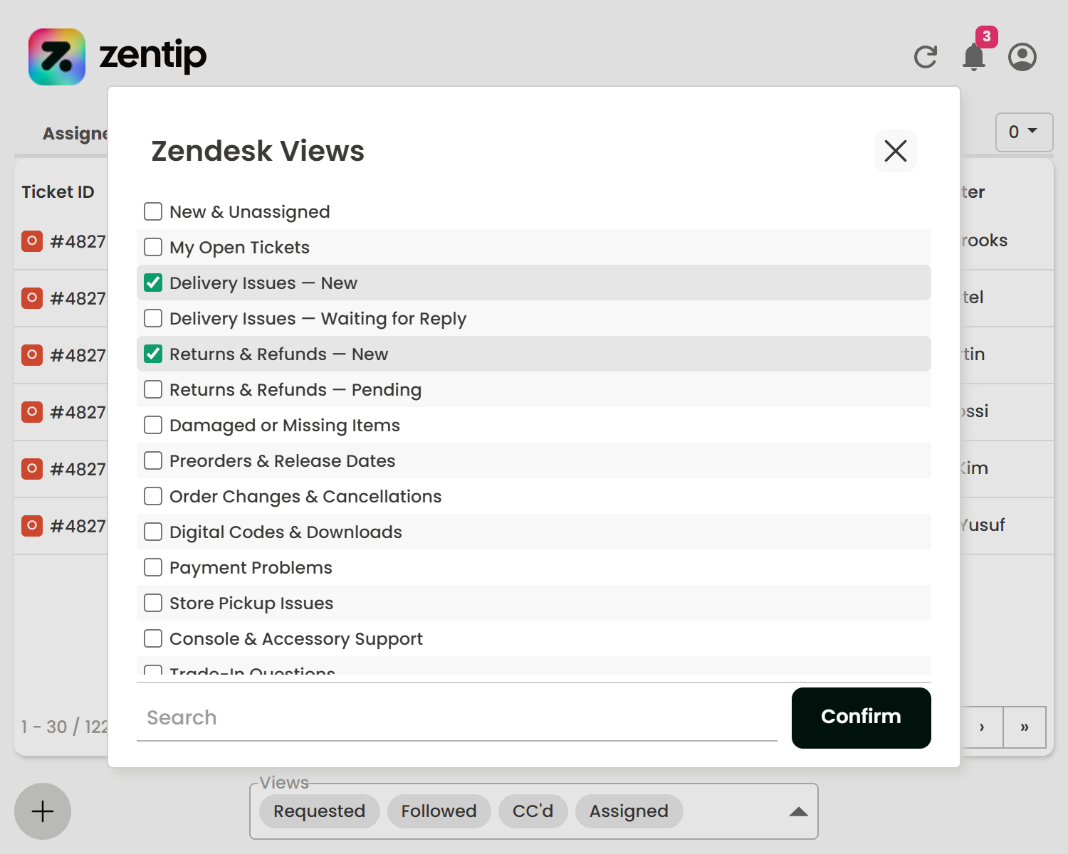 Zentip screen for choosing game-store support views from Zendesk