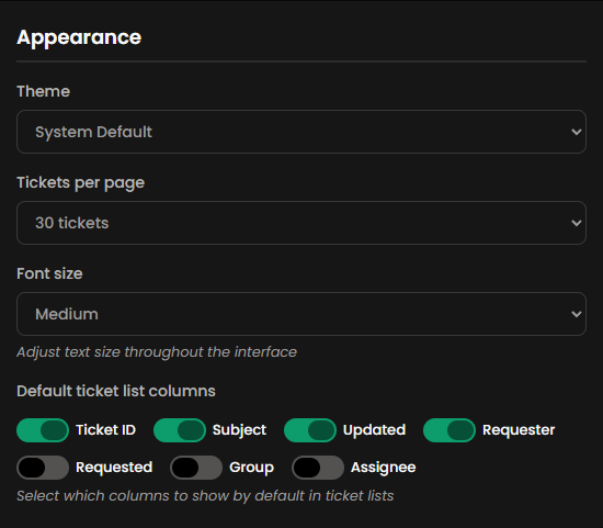 Zentip appearance settings for theme, page size, font size, and ticket columns