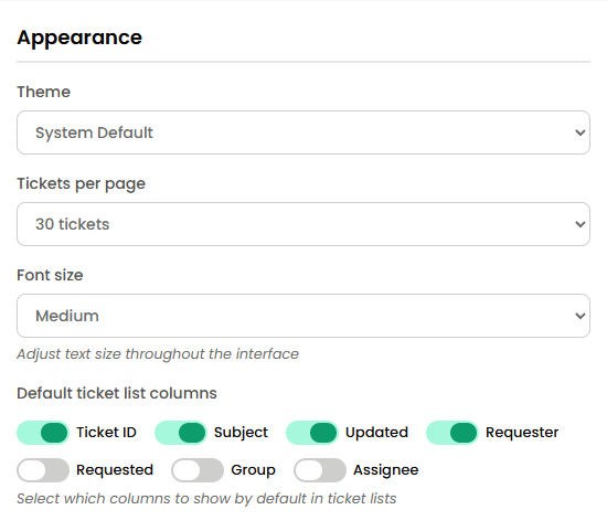 Zentip appearance settings for theme, page size, font size, and ticket columns