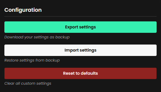 Zentip configuration controls for exporting, importing, and resetting settings