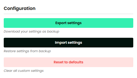 Zentip configuration controls for exporting, importing, and resetting settings