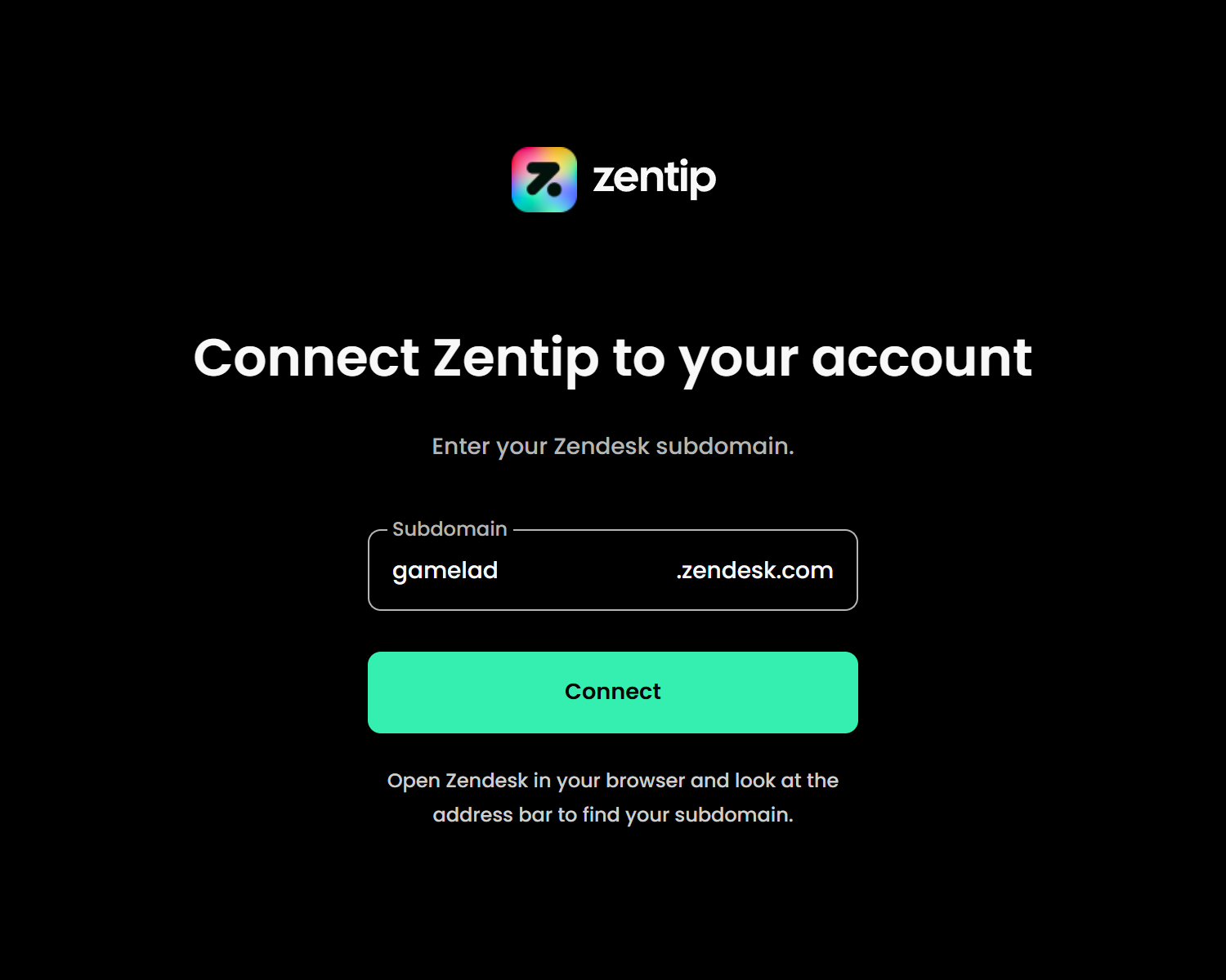 Zentip connection screen with the gamelad Zendesk subdomain entered