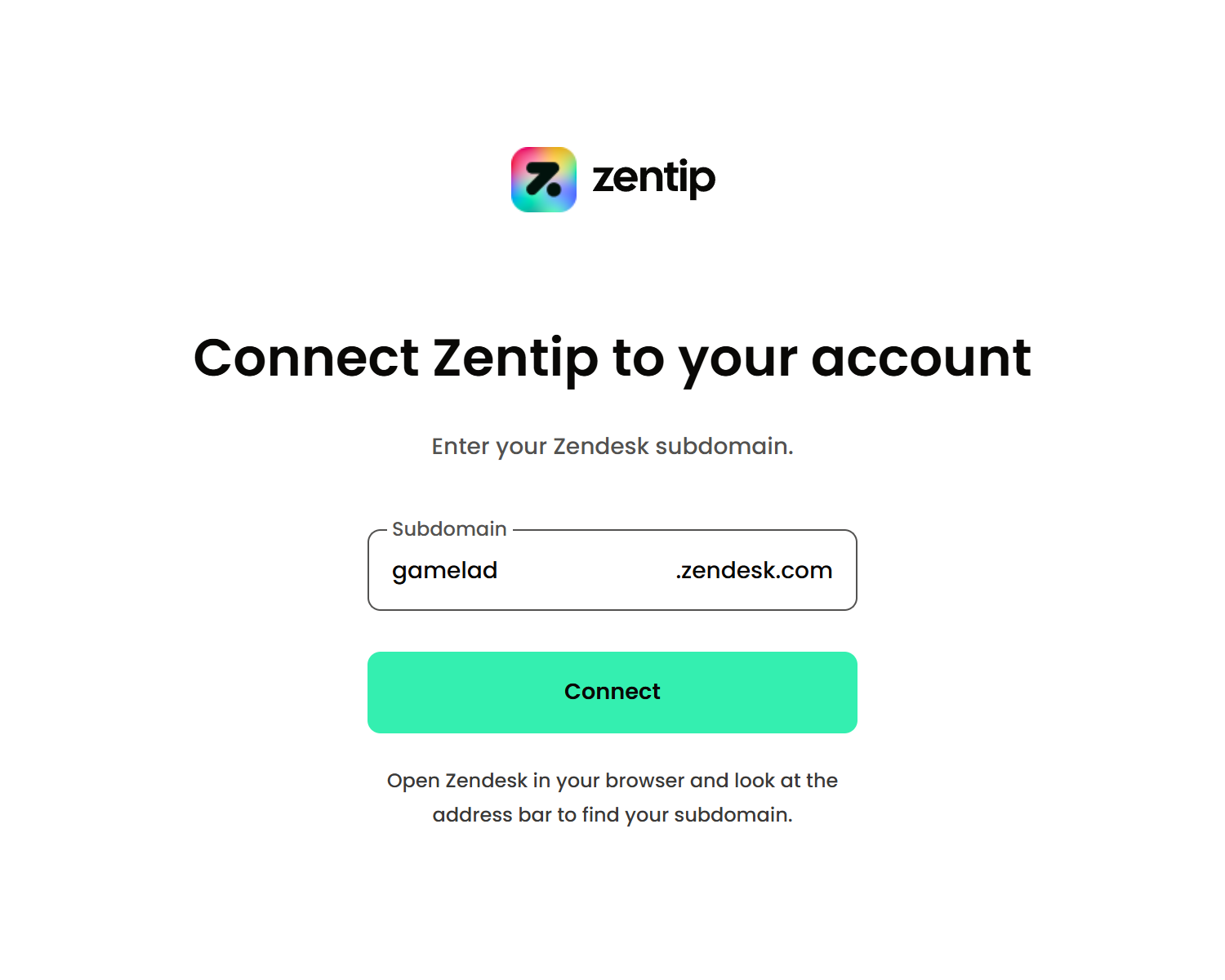 Zentip connection screen with the gamelad Zendesk subdomain entered