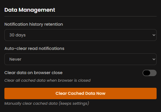 Zentip data-management settings for notification history and cached data