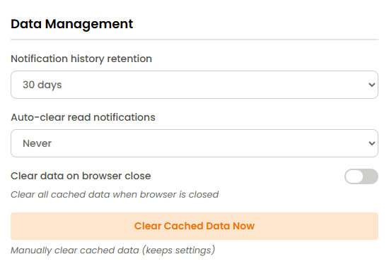 Zentip data-management settings for notification history and cached data