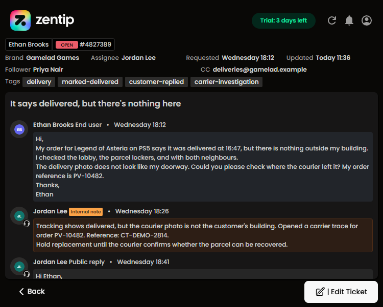 Zentip ticket viewer showing end-user messages, an internal note, and a public agent reply
