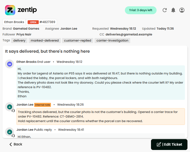 Zentip ticket viewer showing end-user messages, an internal note, and a public agent reply