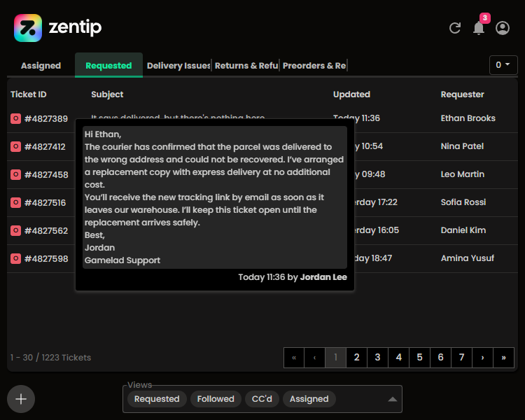A latest-message preview displayed above a Zentip ticket list