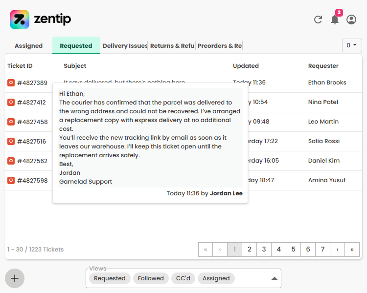 A latest-message preview displayed above a Zentip ticket list