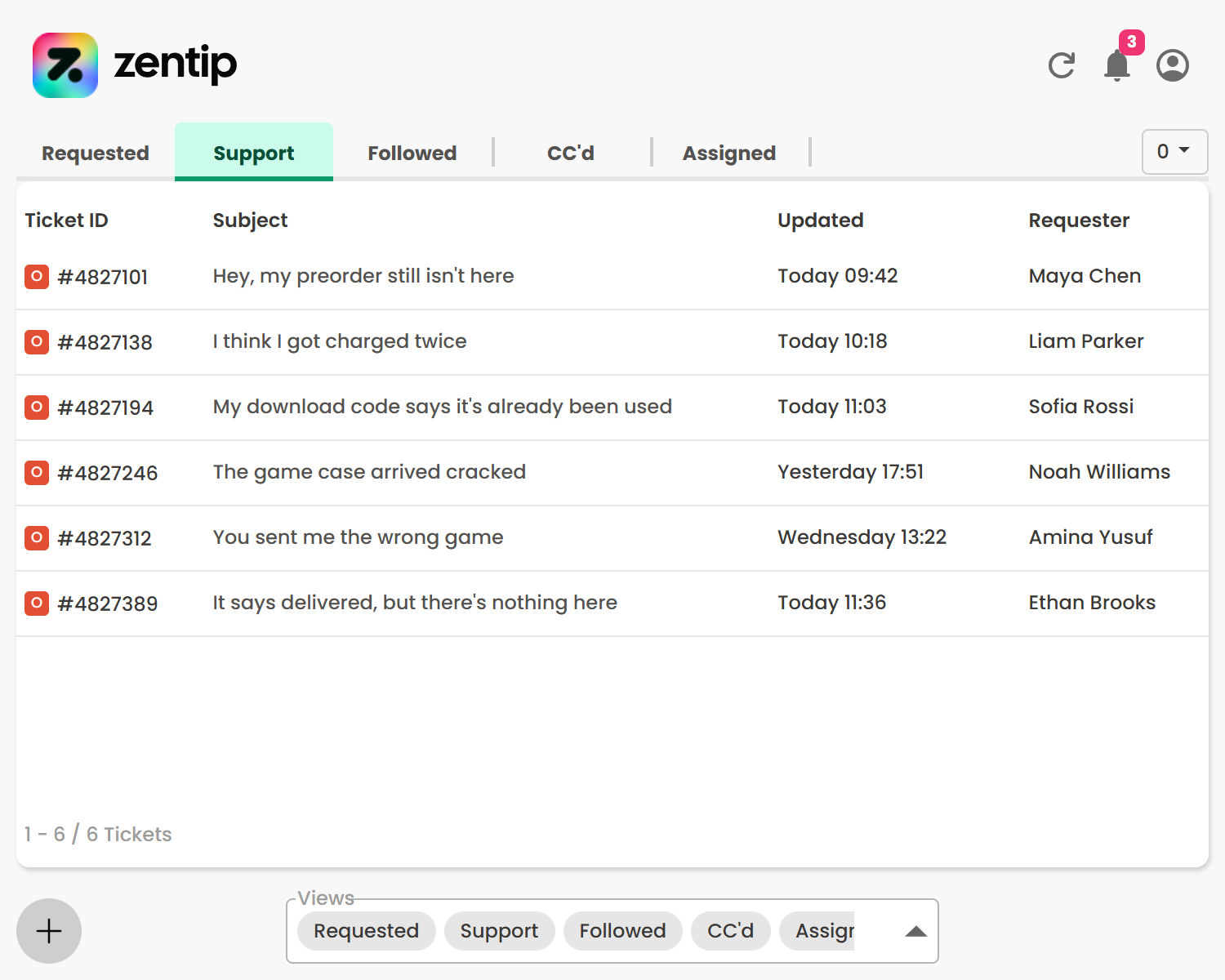 Zentip ticket list containing fictional game-store support tickets