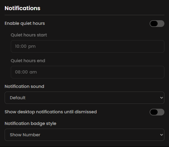 Zentip notification settings for quiet hours, sound, persistence, and badge style