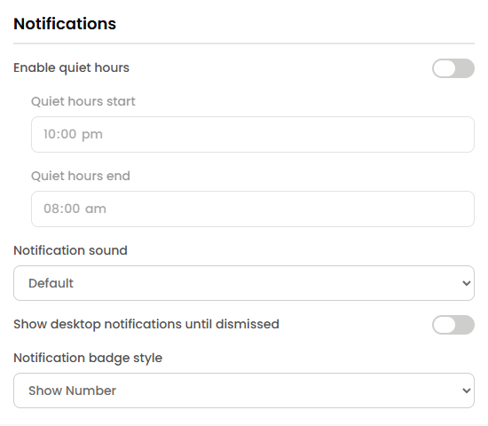 Zentip notification settings for quiet hours, sound, persistence, and badge style