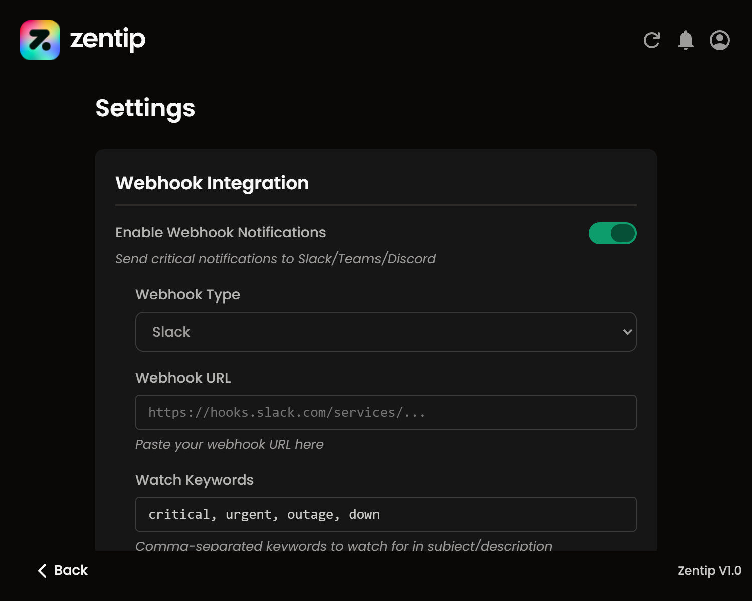The Zentip Settings screen open inside the extension