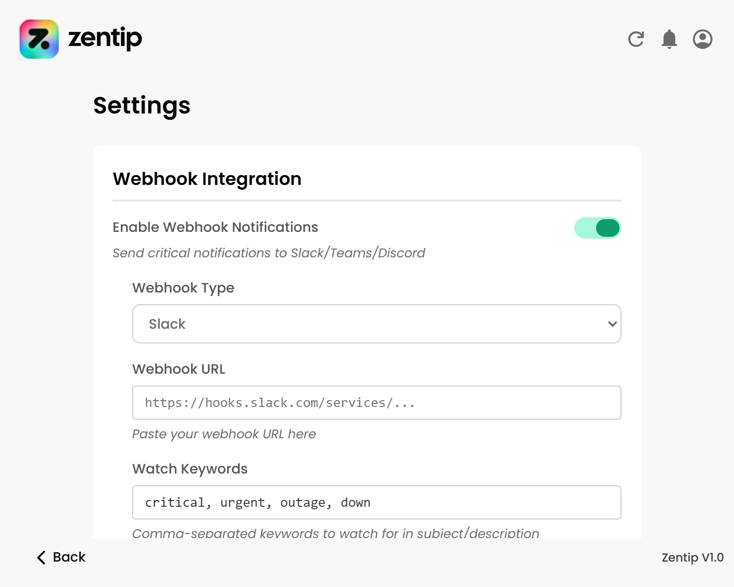 The Zentip Settings screen open inside the extension