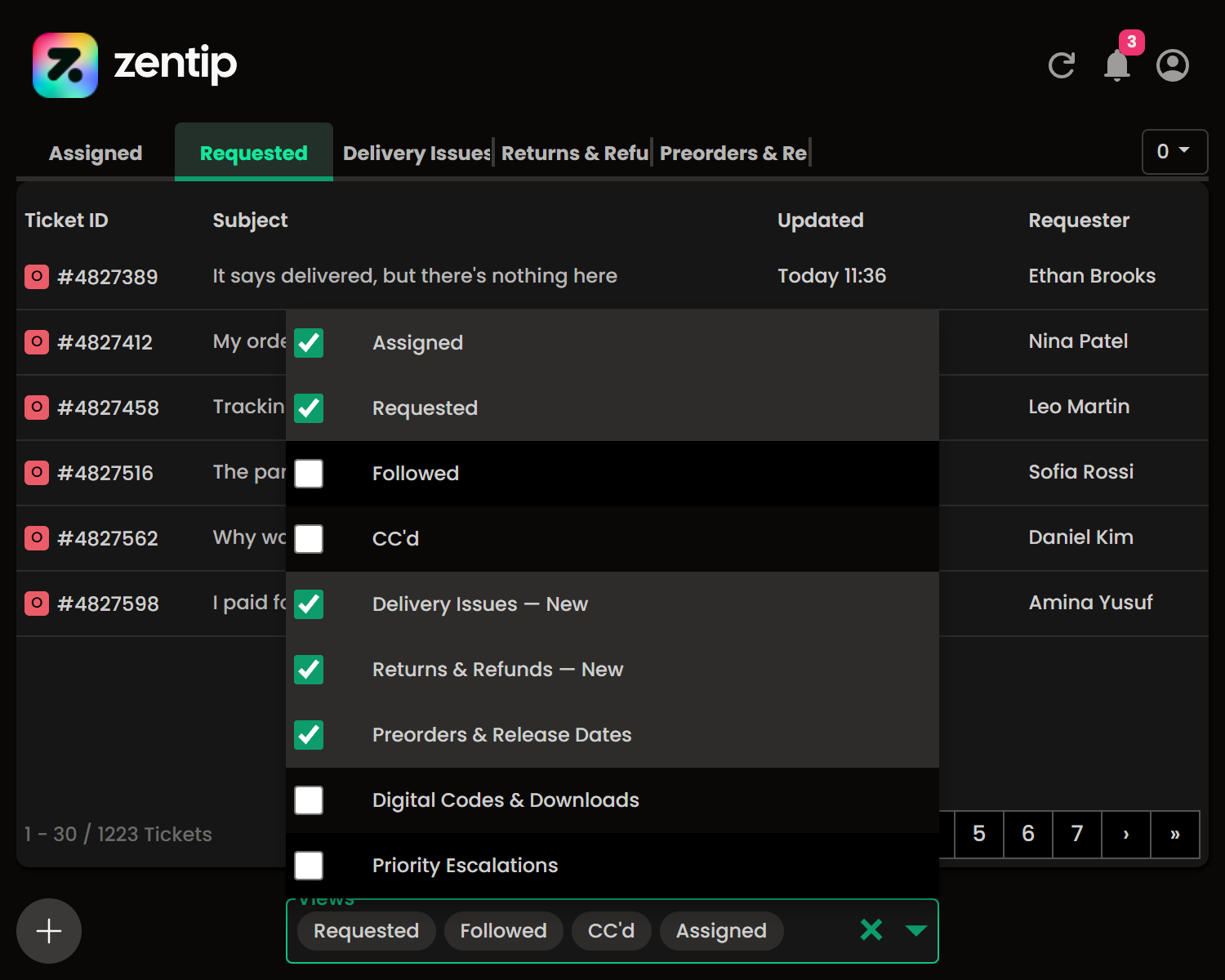 Zentip ticket screen with the active-view selector expanded