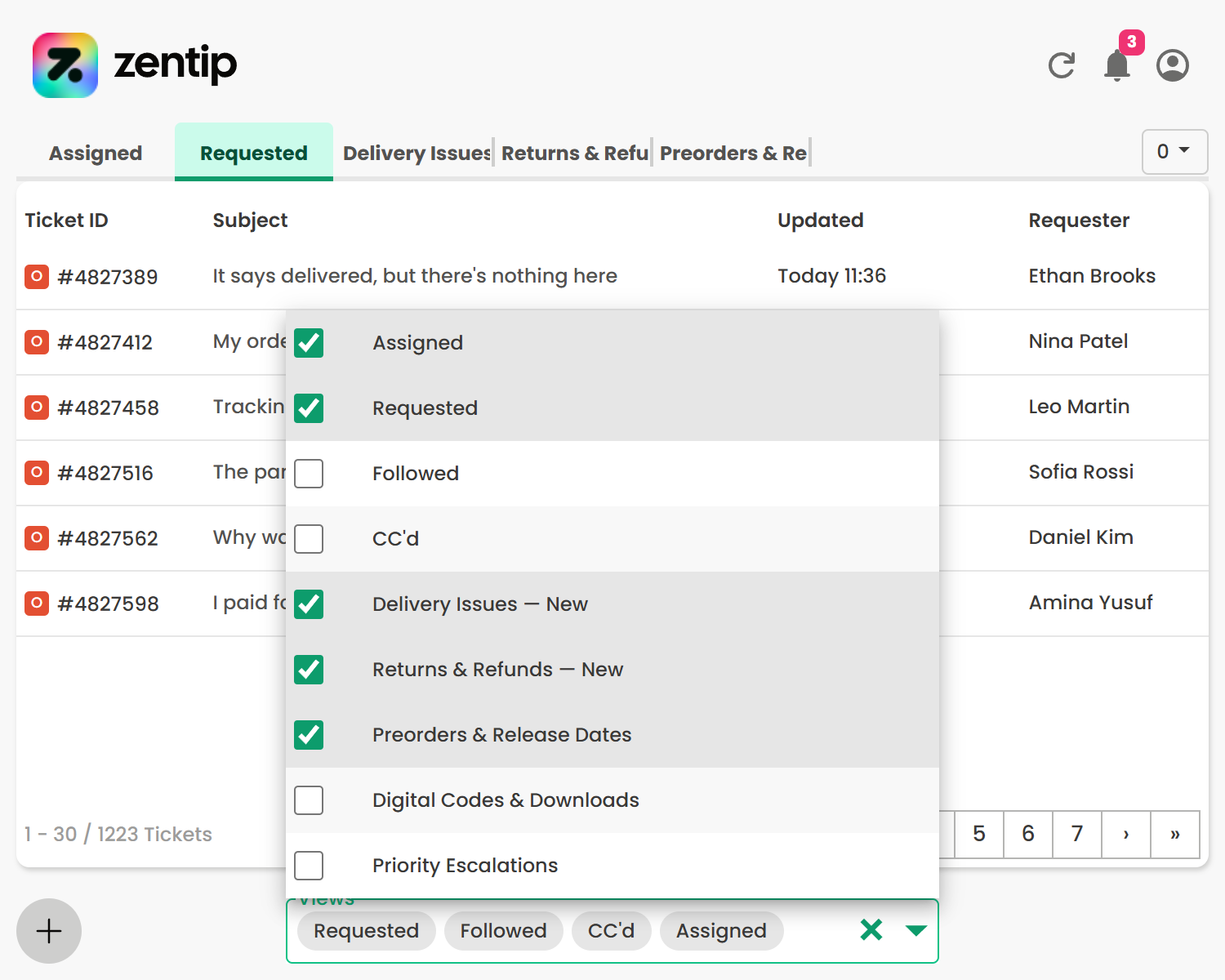 Zentip ticket screen with the active-view selector expanded
