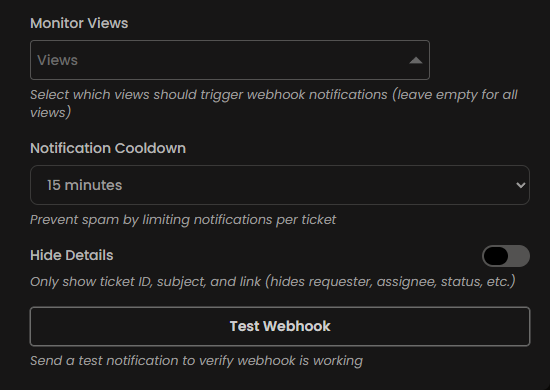 Zentip webhook controls for monitored views, cooldown, privacy, and testing