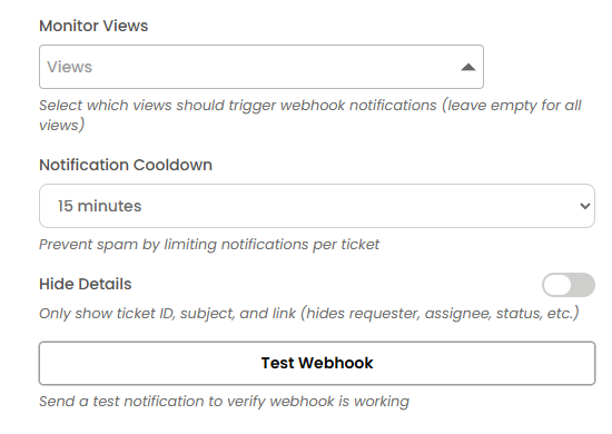 Zentip webhook controls for monitored views, cooldown, privacy, and testing