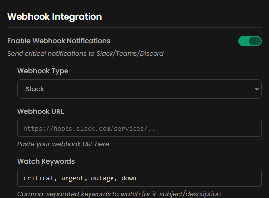 Zentip webhook settings with Slack selected and a webhook URL entered