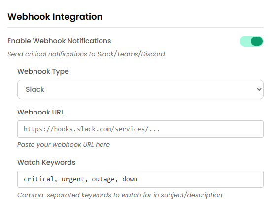 Zentip webhook settings with Slack selected and a webhook URL entered